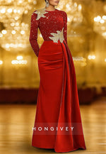 A-Line Evening Gown Long Sleeve Crew Neck Satin Glitter Mother Of the Bride Dress