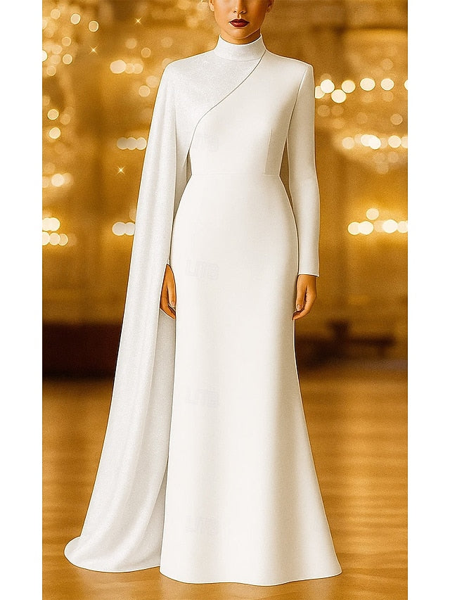 Side Draping Trumpet High Neck Long Sleeve Glittering Evening Gown with Cape