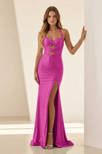 Lilac Halter Mermaid Beaded Long Formal Prom Dresses With Slit