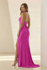 Lilac Halter Mermaid Beaded Long Formal Prom Dresses With Slit