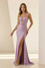 Lilac Halter Mermaid Beaded Long Formal Prom Dresses With Slit