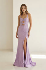 Lilac Halter Mermaid Beaded Long Formal Prom Dresses With Slit