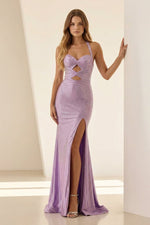 Lilac Halter Mermaid Beaded Long Formal Prom Dresses With Slit