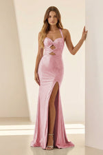 Lilac Halter Mermaid Beaded Long Formal Prom Dresses With Slit
