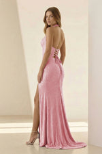Lilac Halter Mermaid Beaded Long Formal Prom Dresses With Slit