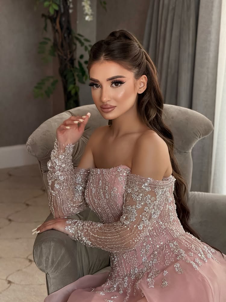 Off the Shoulder Lace Long Sleeve A-Line Sequins Sparkle Evening Dress