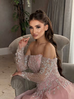 Off the Shoulder Lace Long Sleeve A-Line Sequins Sparkle Evening Dress