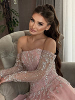 Off the Shoulder Lace Long Sleeve A-Line Sequins Sparkle Evening Dress