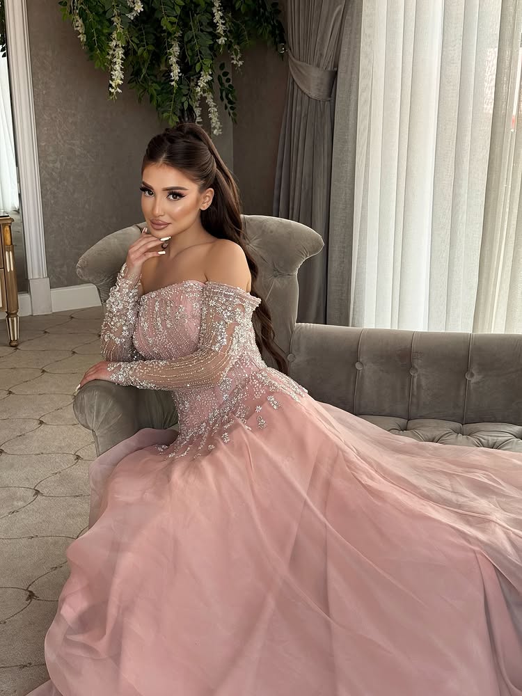 Off the Shoulder Lace Long Sleeve A-Line Sequins Sparkle Evening Dress