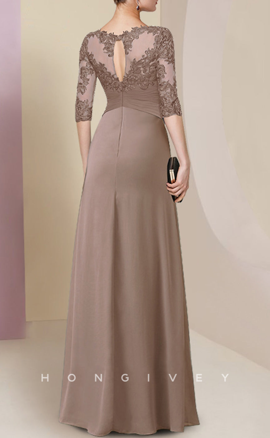HM221 - Chic A-Line Scoop 3/4 Sleeves Lace Applique Ruched Mother of the Bride Dress