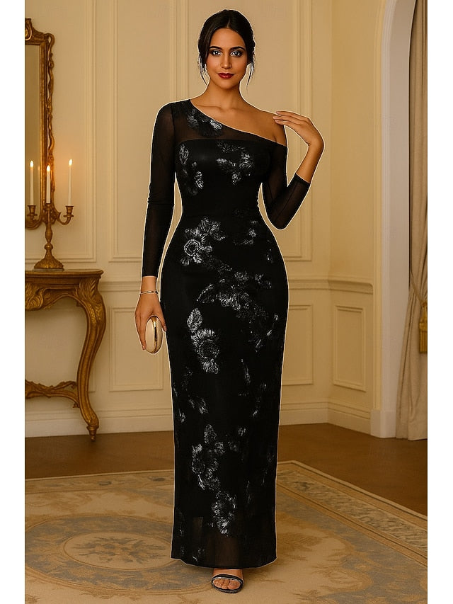 One Shoulder Long SLeeve Sequins Sparkle Ankle-Length Evening Dress