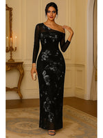 One Shoulder Long SLeeve Sequins Sparkle Ankle-Length Evening Dress