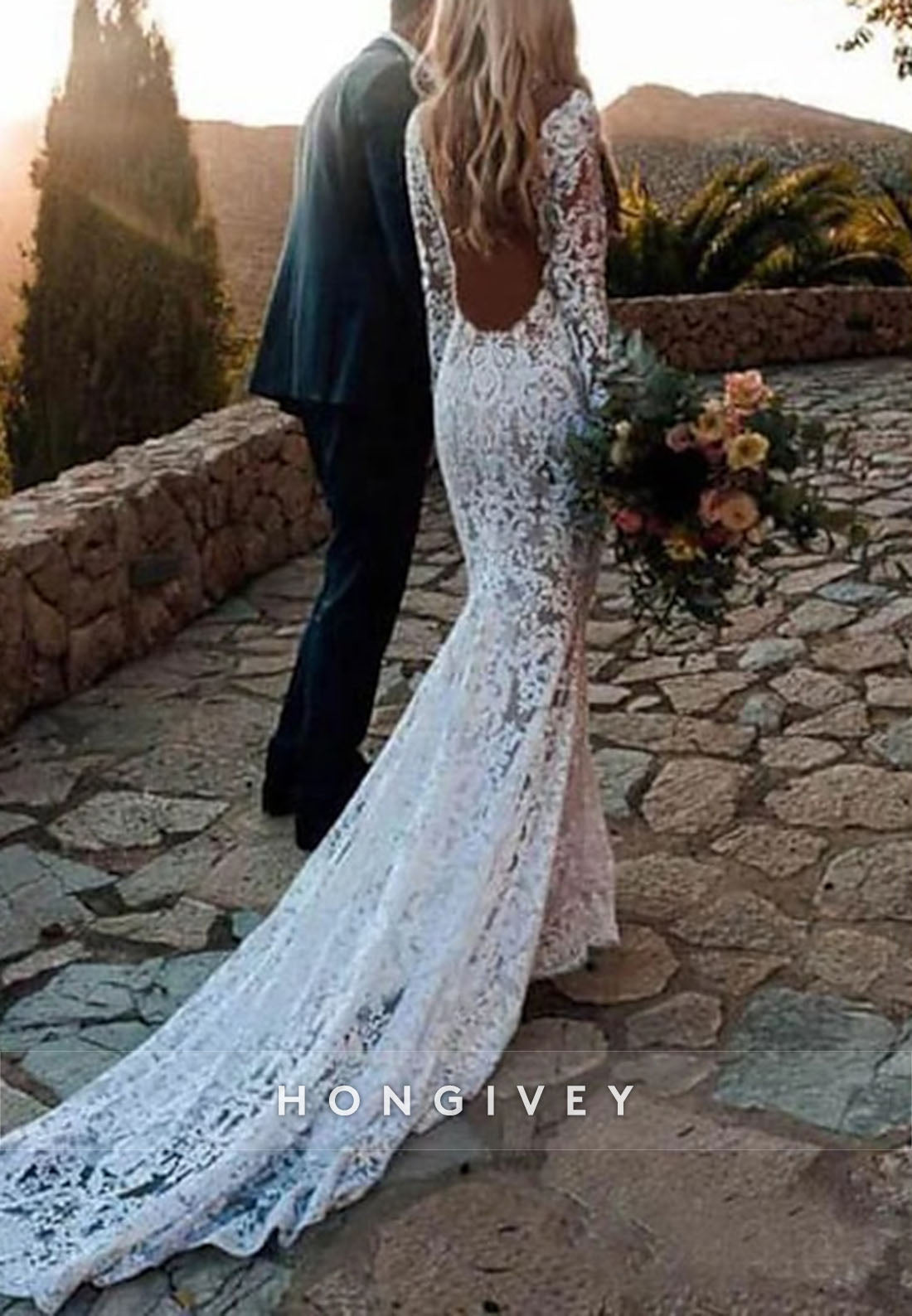 Boho Long Sleeves Court Train Lace Low Back Mermaid Wedding Dresses