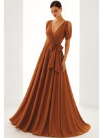 V-Neck Half Sleeve Bow A-Line Evening Dress Mother of the Bride Dress
