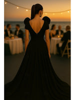 V-Neck Half-Sleeve Flowers A-Line Floor-Length Backless Evening Dress