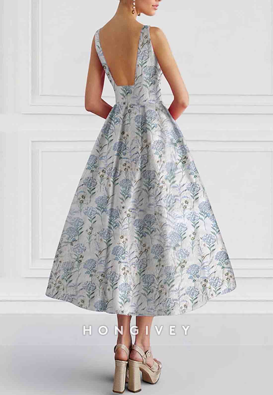 A-Line Flowers Sleeveless Tea-Length Low Back Semi Formal Evening Gown