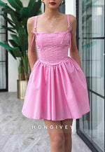 A-Line Spaghetti Straps Sleeveless Square Neck Pleated Short Homecoming Dresses