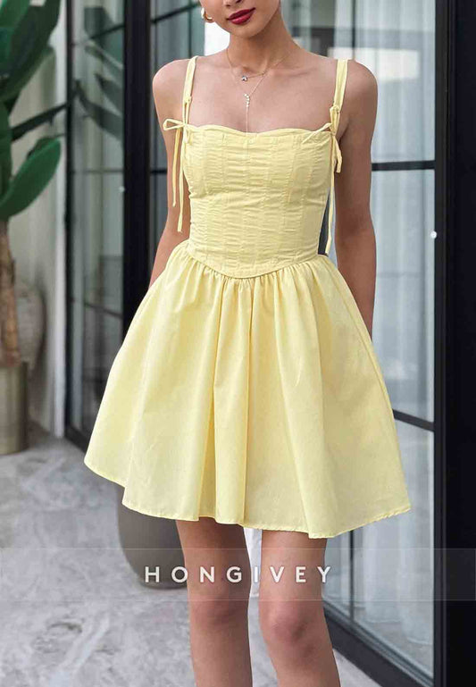 A-Line Spaghetti Straps Sleeveless Square Neck Pleated Short Homecoming Dresses