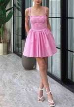 A-Line Spaghetti Straps Sleeveless Square Neck Pleated Short Homecoming Dresses