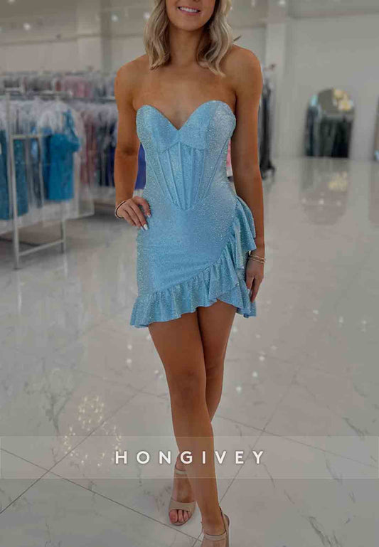 Blue Sweetheart Ruched Glitter Sheath Strapless Mini Homecoming Dresses