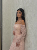 Pink Lace Off the Shoulder Long Sleeve Mermaid Floor-Length Evening Dress