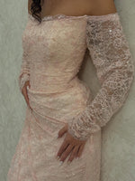 Pink Lace Off the Shoulder Long Sleeve Mermaid Floor-Length Evening Dress