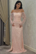 Pink Lace Off the Shoulder Long Sleeve Mermaid Floor-Length Evening Dress