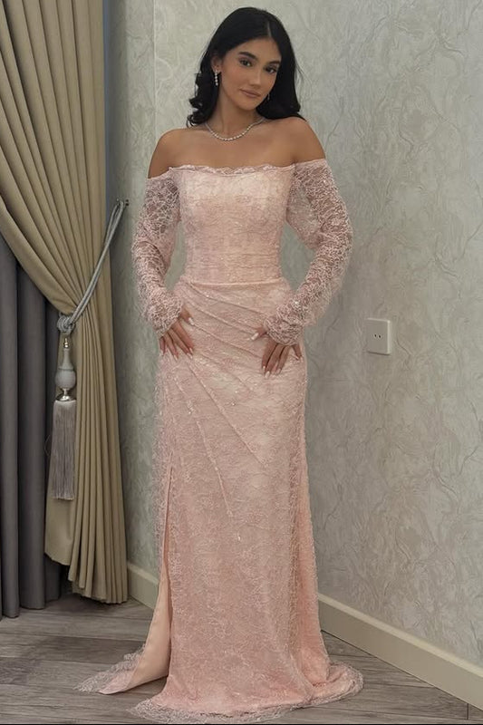 Pink Lace Off the Shoulder Long Sleeve Mermaid Floor-Length Evening Dress