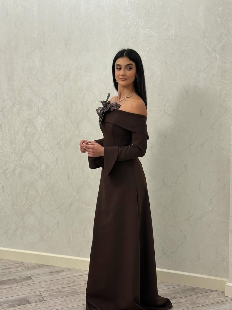 Off the Shoudlder Sequins Flowers Long Sleeve A-Line Evening Dress