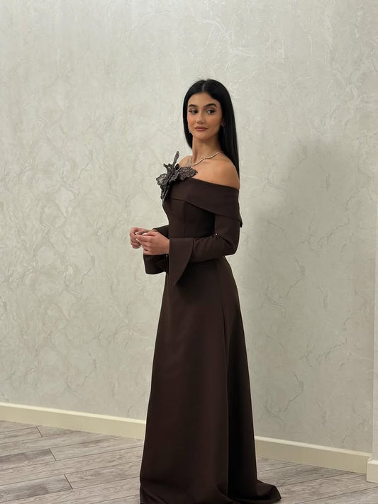 Off the Shoudlder Sequins Flowers Long Sleeve A-Line Evening Dress