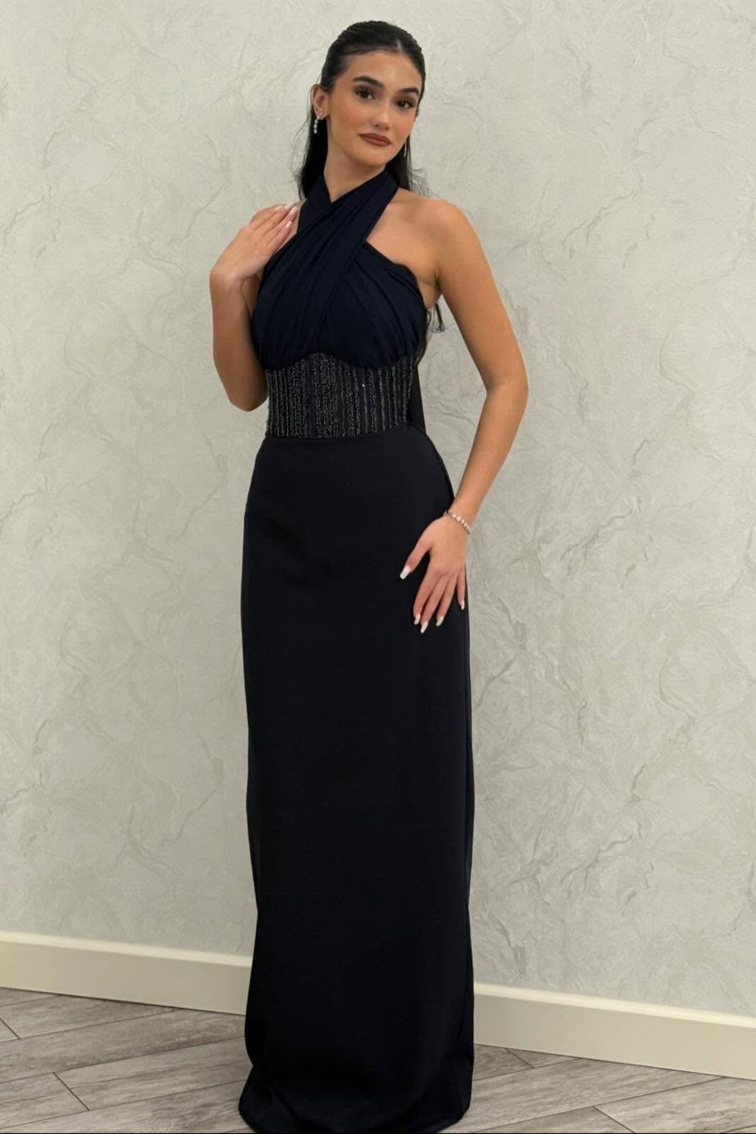 Simple Halter Sleeveless Beaded Sparkle Women Evening Dress Formal