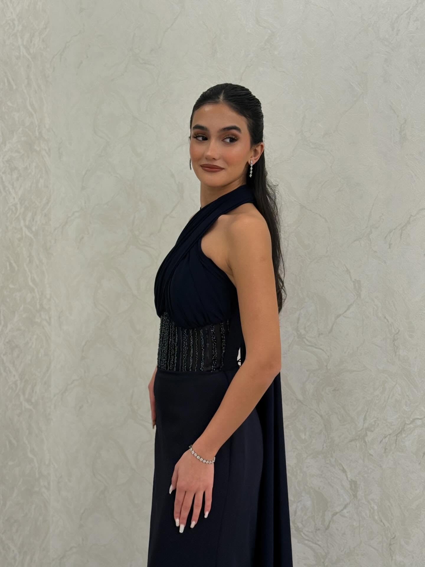 Simple Halter Sleeveless Beaded Sparkle Women Evening Dress Formal