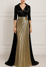 Black Tie Formal Wedding Half Sleeves Column Satin Evening Gown with Ruffles