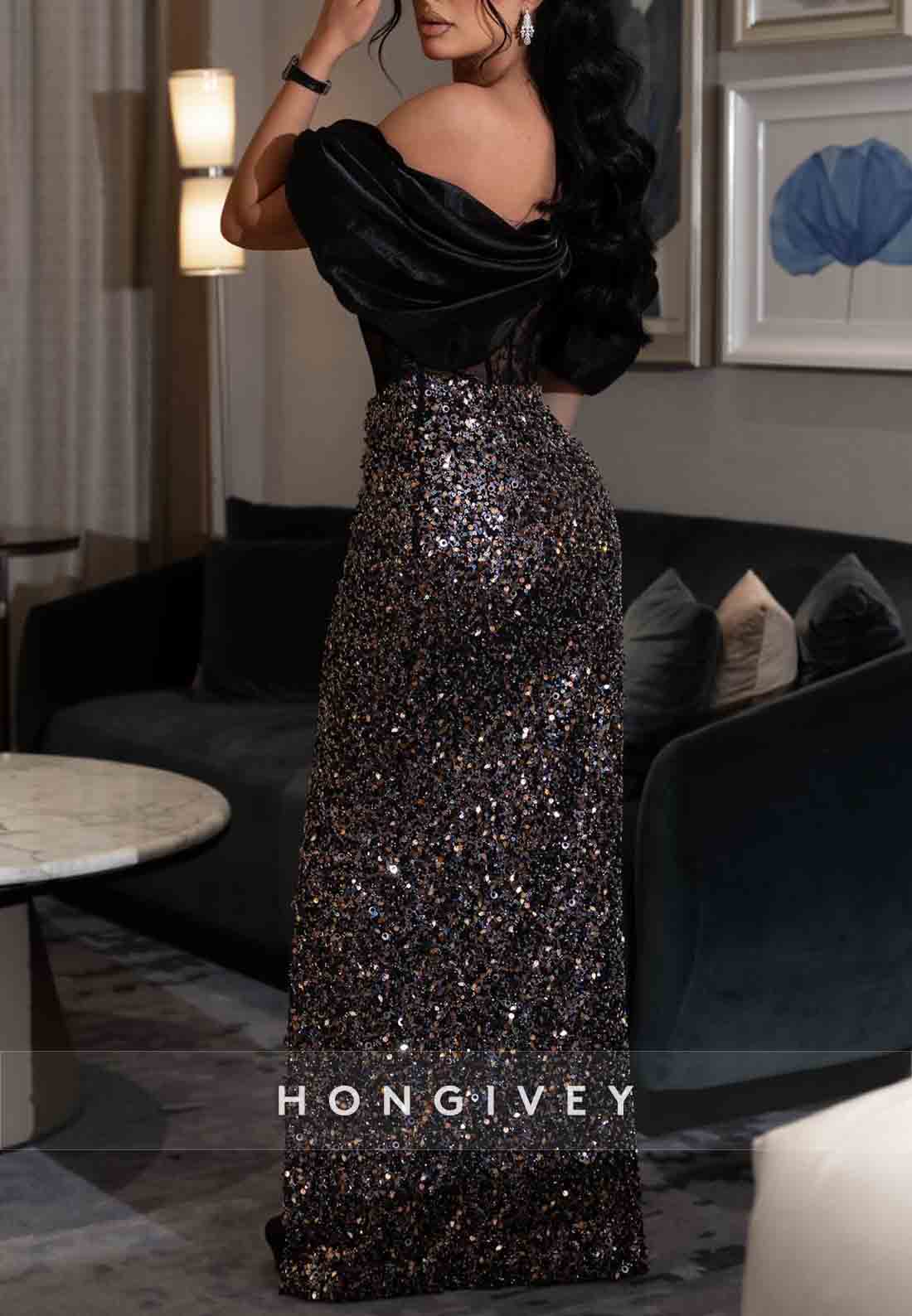 Sheath Off the Shoulder Black Sequined Evening Gowns with Side Slit