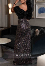 Sheath Off the Shoulder Black Sequined Evening Gowns with Side Slit
