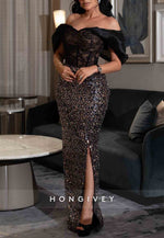 Sheath Off the Shoulder Black Sequined Evening Gowns with Side Slit