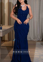 Royal Blue Strapless Ruched Trumpet Floor-Length Evening Gowns
