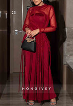 Red Long Sleeves Column Ankle-Length Lace-Up Evening Gowns with Tassel