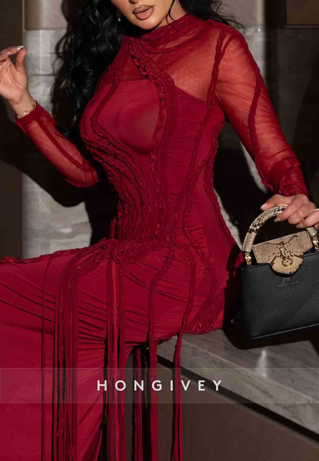 Red Long Sleeves Column Ankle-Length Lace-Up Evening Gowns with Tassel