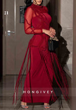 Red Long Sleeves Column Ankle-Length Lace-Up Evening Gowns with Tassel