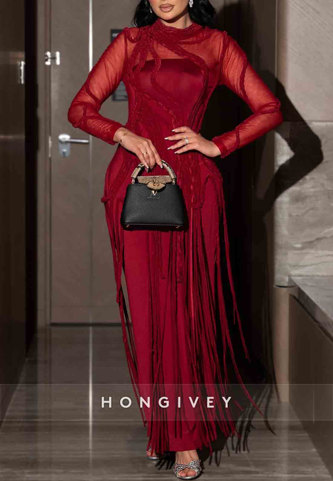 Red Long Sleeves Column Ankle-Length Lace-Up Evening Gowns with Tassel