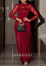 Red Long Sleeves Column Ankle-Length Lace-Up Evening Gowns with Tassel