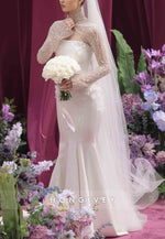 Long Sleeves Mermaid Satin High Neck Wedding Dresses with Beading