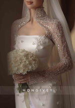 Long Sleeves Mermaid Satin High Neck Wedding Dresses with Beading