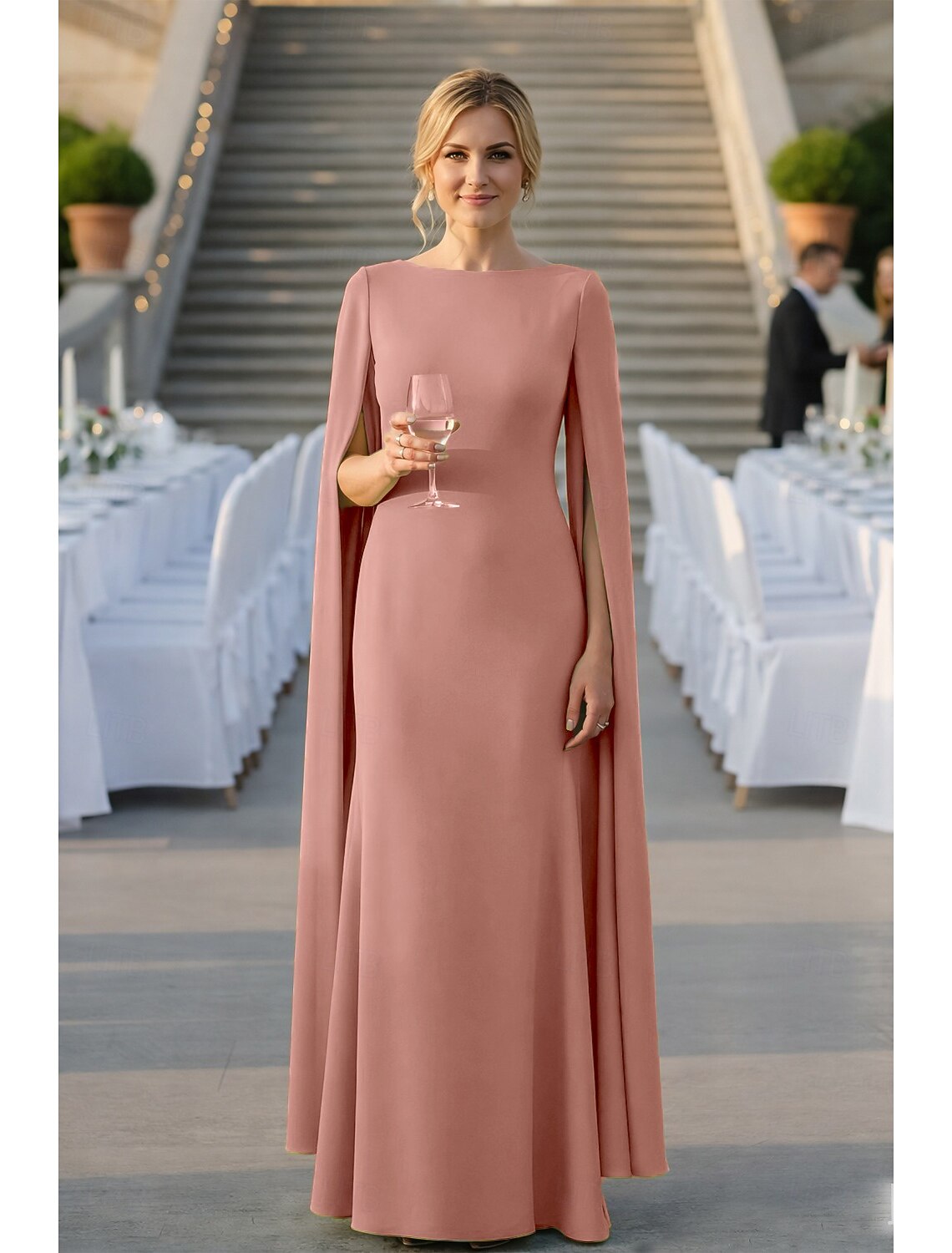 Cape Sleeve Floor-Length Mermaid Evening Gown Mother of the Bride Dress