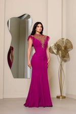 Fashion High Neck Sleeveless Beaded Applique Feather Mermaid Evening Dress