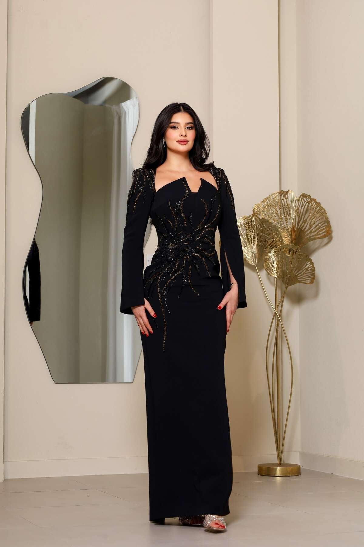 Black Square Neck Cape Sleeve Sequins Sparkle Mermaid Evening Dress