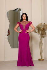 Fashion High Neck Sleeveless Beaded Applique Feather Mermaid Evening Dress
