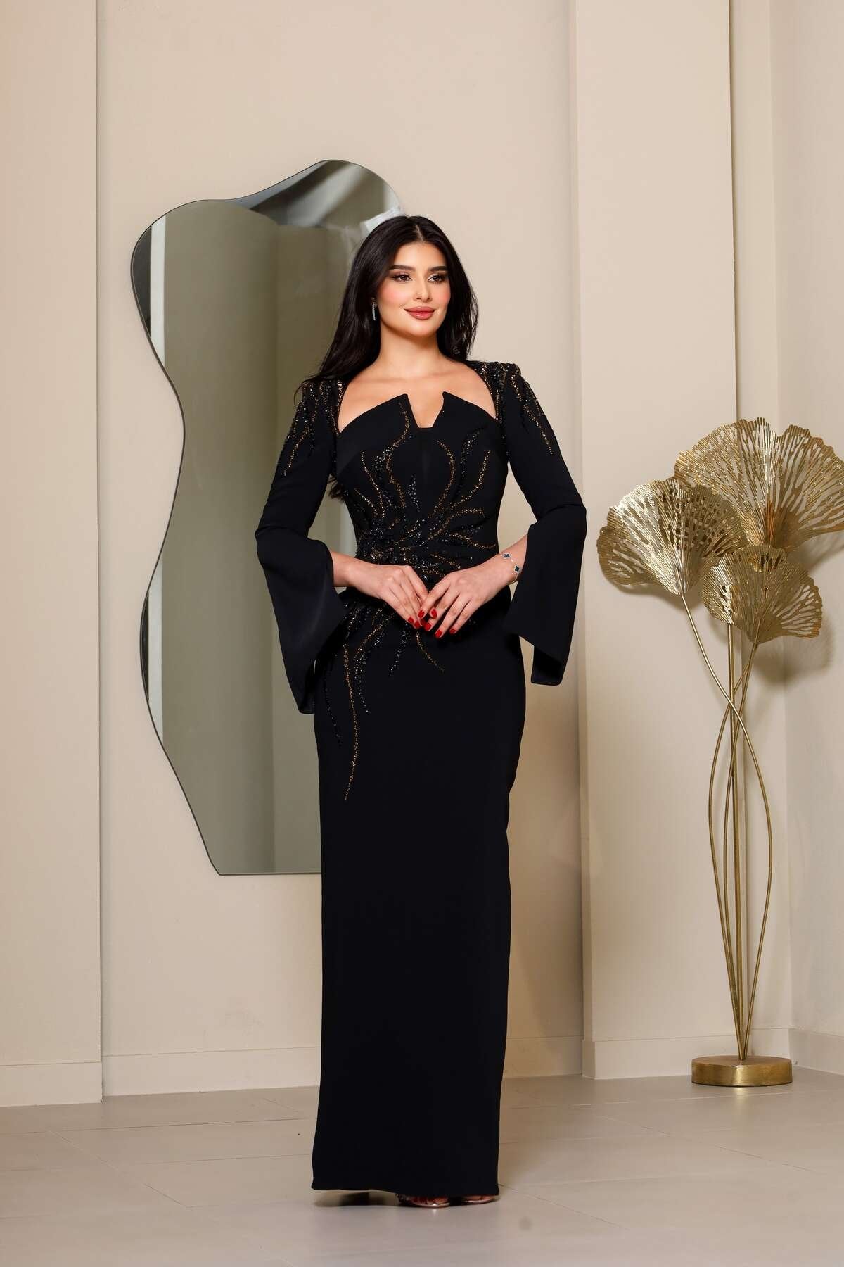 Black Square Neck Cape Sleeve Sequins Sparkle Mermaid Evening Dress