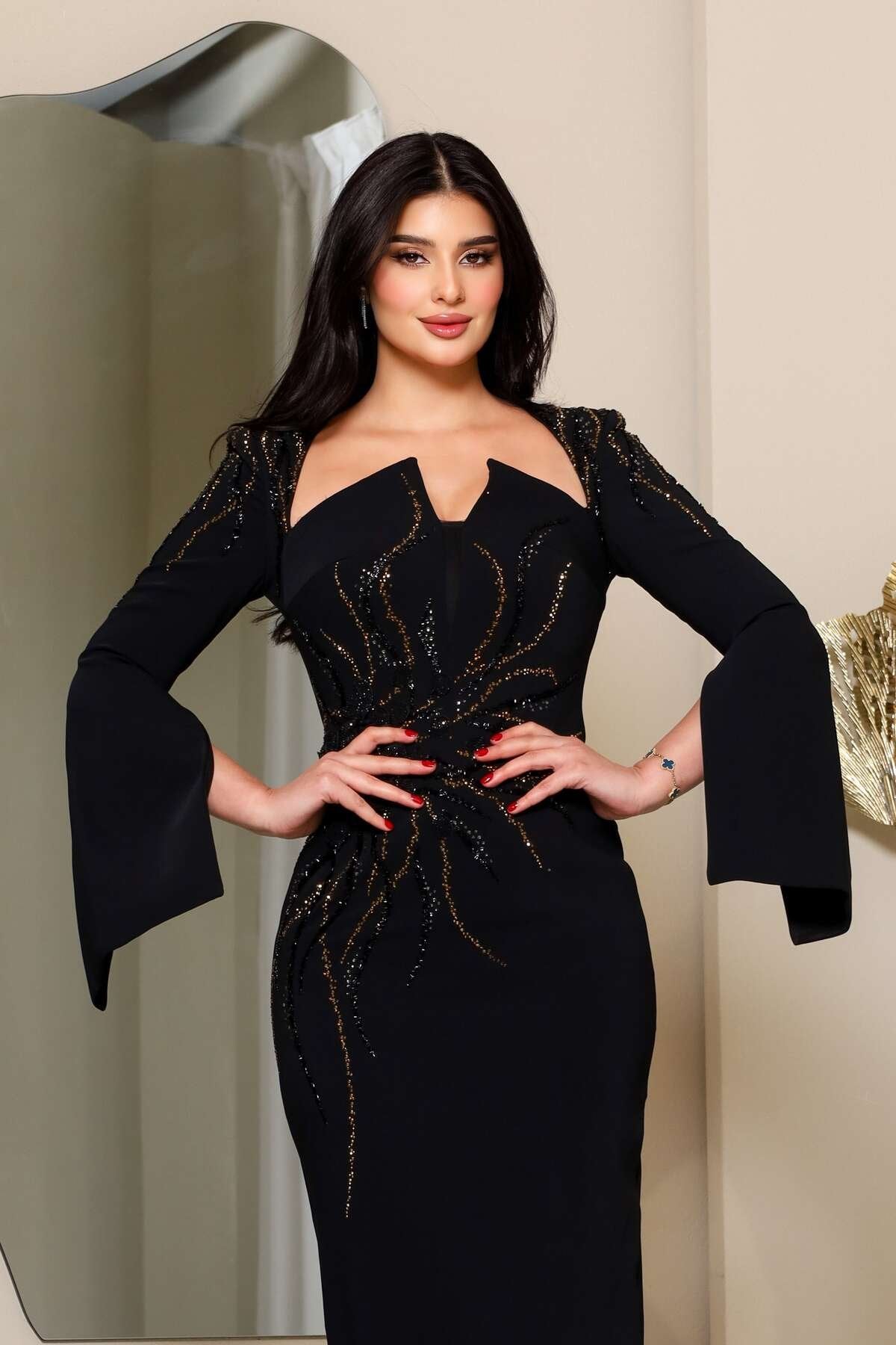 Black Square Neck Cape Sleeve Sequins Sparkle Mermaid Evening Dress